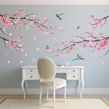 Pink Watercolor Cherry Blossom Wall Stickers - Tree Branch Flower Birds Large A
