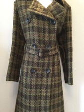 Per Una Maxi Length Tartan Tweed Italian Fabric Green/ Brown Coat Size 12l