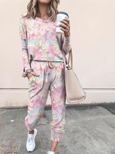 Womens Tie Dye Tracksuit Set Sweatshirt Pullover Tops Jogger Pants Sweat Suits