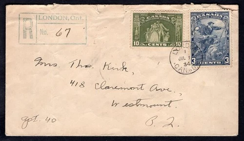 CANADA 1934 FDC Cover Cartier & Loyalists Statue Stamps. Commercial, Registered