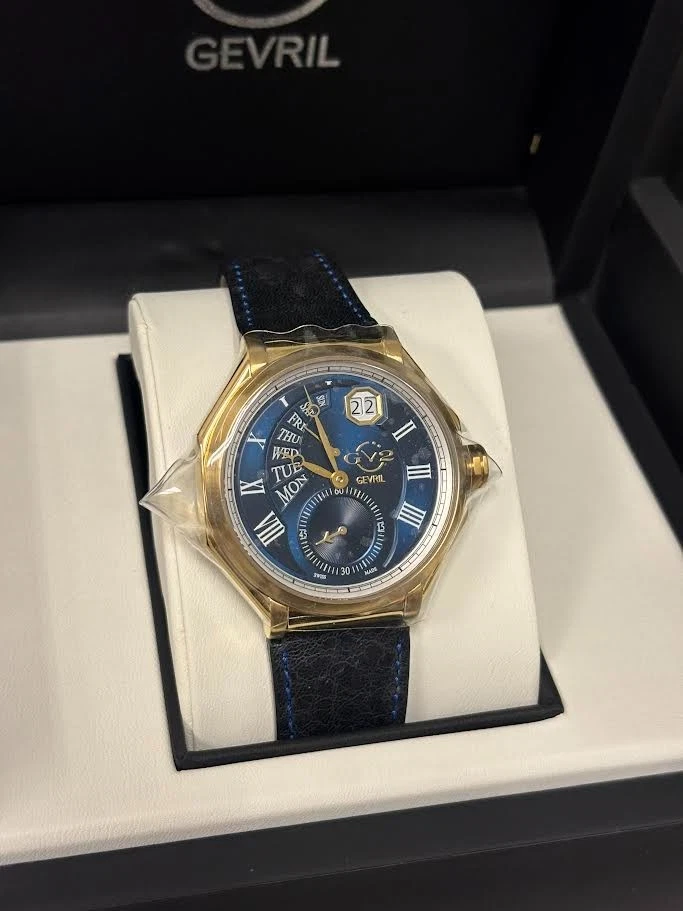 Reloj de lujo Gevril Marchese GV2, dorado, correa de cuero, correa azul oscuro, 42424 Foto 2 de 4