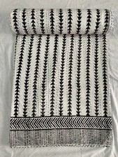 Indian Handmade Quilt Block Print Kantha Bedspread King Size Throw Black White