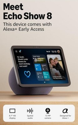 Amazon Echo Show 8 (newest model), Vibrant HD 8.7'' display with spatial audio, D