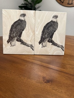 Eagle Etched Marble Book Ends Bald Eagle Sitting Signed June Feltmann