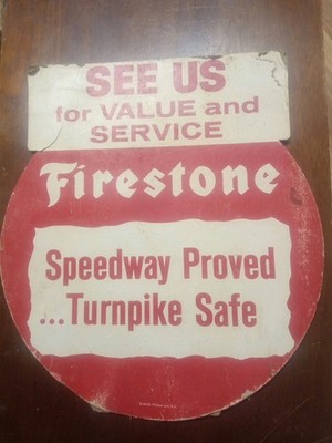 14½x16 In Vintage Cardboard Firestone Ad Sign ''Speedway Proved Turnpike Safe''