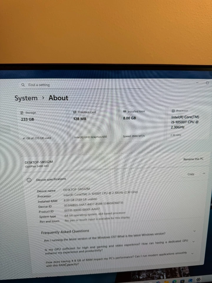 Dell Optiplex 5480 AIO 23.8"✔ Intel i5 2.30GHz ✔8GB✔250GB SSD✔ Wi-Fi✔ W11PRO✔ - Image 3 of 4