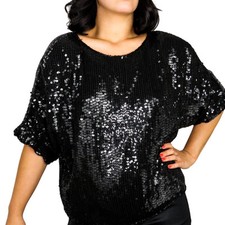 Candlelight 80s Vintage Sequin Blouse Black Short Sleeve Sparkly Silk Top Large
