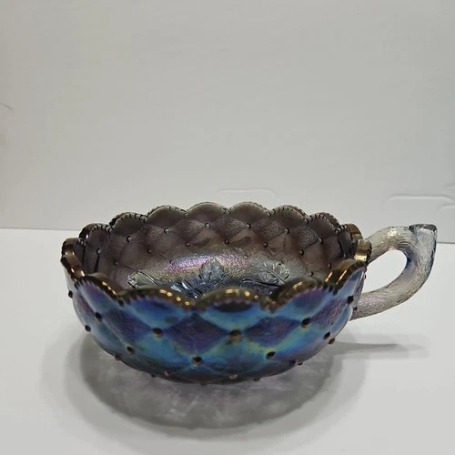 Imperial Diamond Quilted Pansy Iridescent  Carnival Glass Nappy Handled Bowl