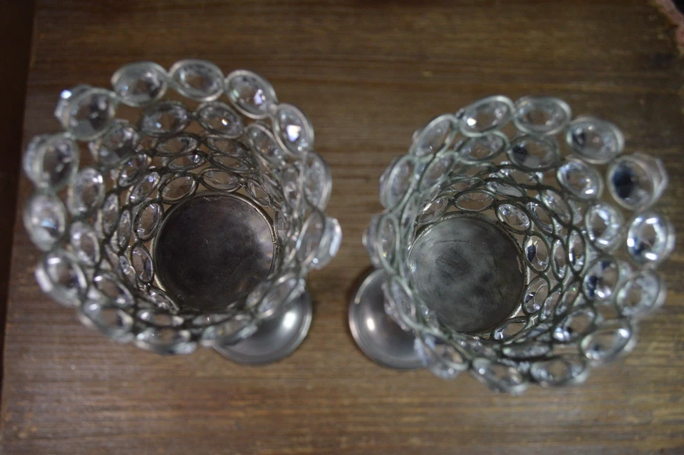 Silver Tone Crystal Stem Jeweled Votives Chalice Candleholders Set Of 2 Beads - Image 2 of 4