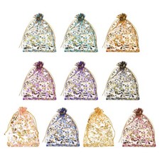 50 Pcs Organza Bag 5"x7" Sheer Flower Heart Mesh Bags Drawstring Multicolor-Gold