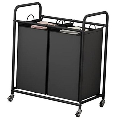 Laundry Hamper Basket 2 Bag Laundry Sorter Cart with Rolling 2 Bags Black