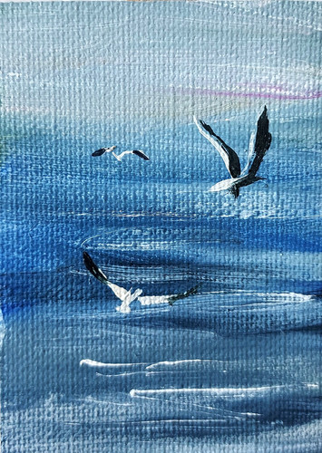 ACEO 2.5x3.5in Original Oil Painting- Seascape seagull - Art by MK