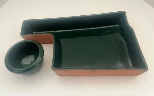 VTG Green Frankoma Pottery Oklahoma State Shape Baking Dish w/Dip Bowl SALE!