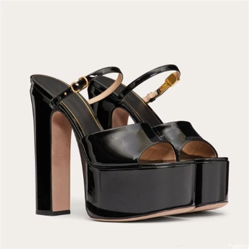 Womens Buckle Sandals Party Slipper Peep Toe Pull On High Platform Block Heels - Image 2 of 4