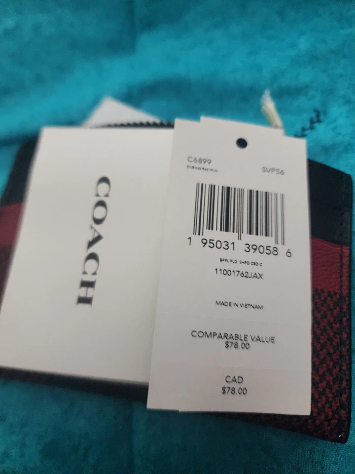 Carteira Coach feminina de couro cartão moeda preta vermelha xadrez búfalo C6899  - Imagem 4 de 4