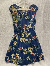 Maeve Anthropologie Evaline Blue Yellow Floral Dress Small Cap Sleeves Smocked