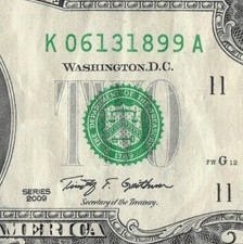 Billete de 2 dólares de nacimiento/annv/tumba/grado 2009 serie elegante K06131899A 13 de junio de 1899 Zapote Ba