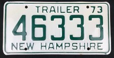 New Hampshire 1973 TRAILER License Plate 46333!