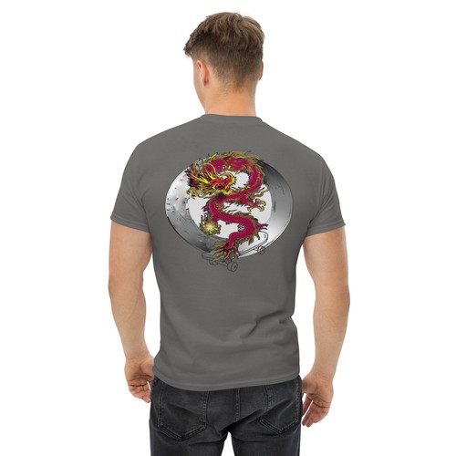 Men's Ancient Chinese Red Dragon Printed Short-sleeved T-shirt with Skateboard - Picture 2 of 16