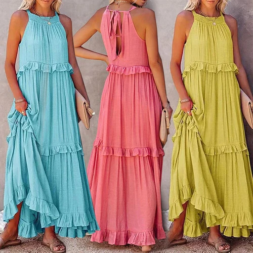 Womens Summer Maxi Dress Sleeveless Halter Neck Flowy Ruffle Hem Long Boho Dress - Picture 5 of 32