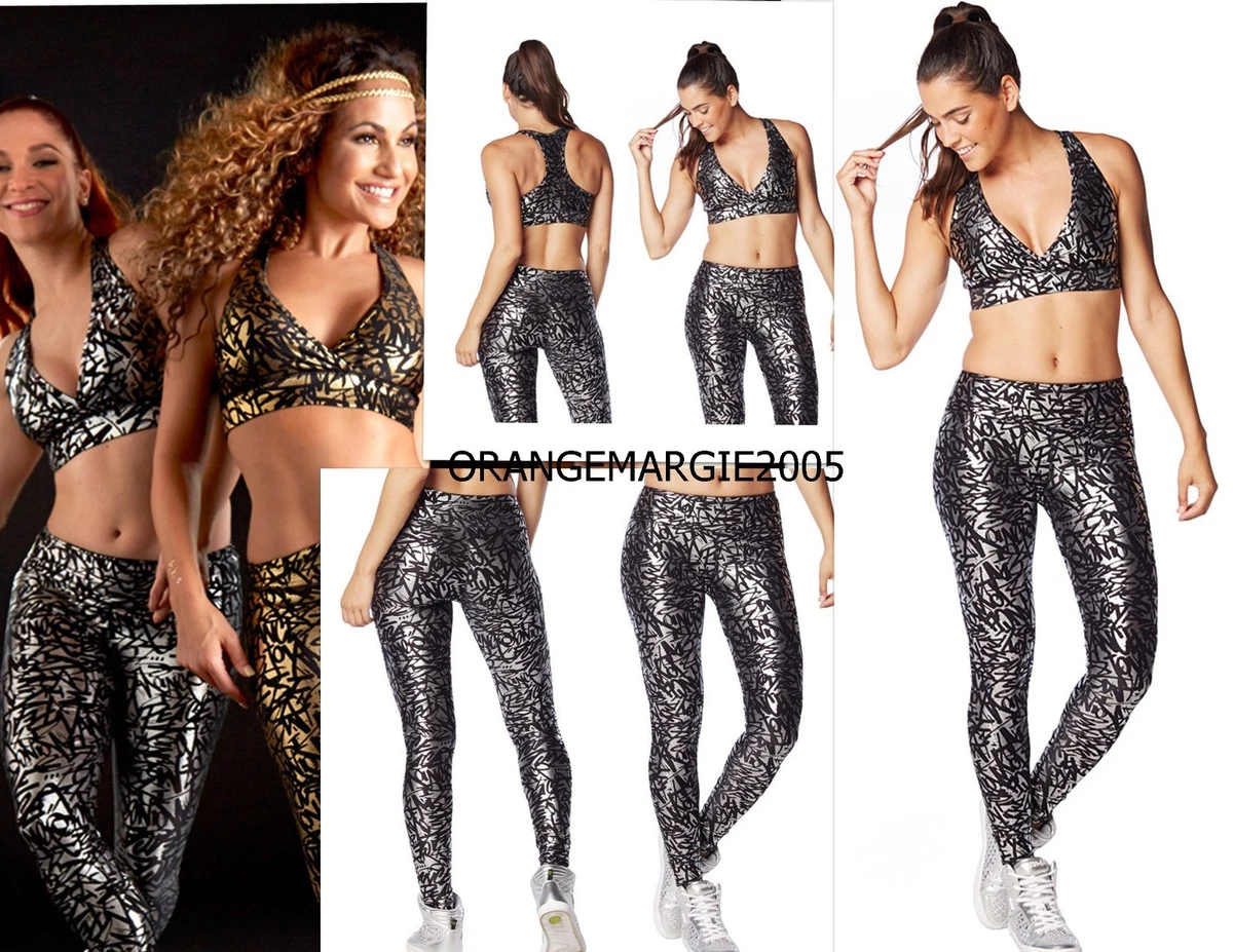 Zumba 2Pc.SET! Find Your Shine SILVER Leggings & V Bra Top FAB & RARE! S  M L