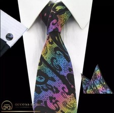 Mens Rainbow Paisley Tie, Matching Cufflinks Hanky Set