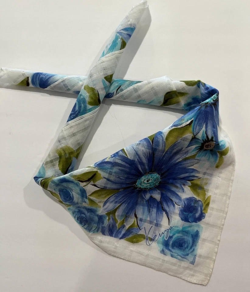 "Pañuelo KENZO Mujer Floral Azul Blanco Estampado Algodón Bolsillo Cuadrado 23""" Foto 2 de 4