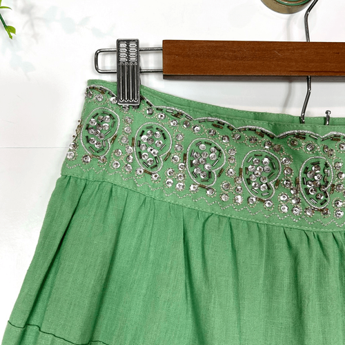 Carole Little Leinen Maxi Rock Vintage Gr. 8 grün Perlen Stufen Boho lang fließend - Bild 5 von 13