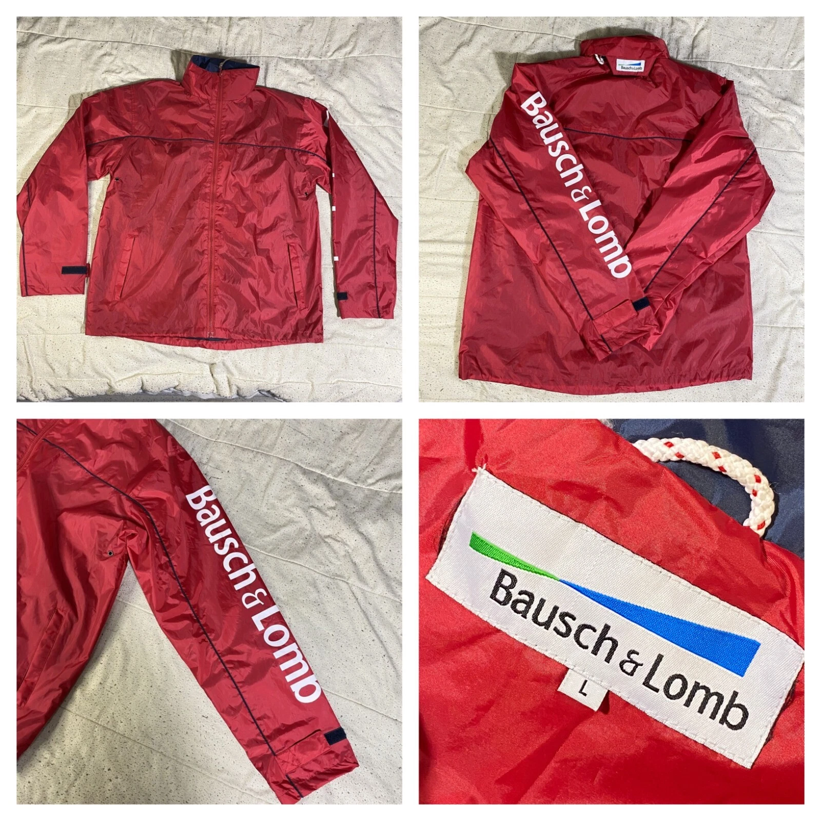 VINTAGE Bausch & Lomb Jacket Adult Large Spellout Red Windbreaker Mens L RARE