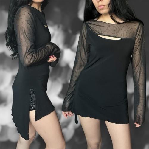 🏰🥀 Vintage Y2K Forever 21 glitter mesh long sleeve asymmetrical Dress Top - Picture 3 of 7