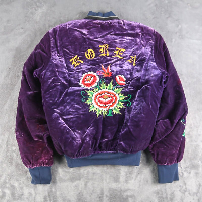 【GRAVER】Zipper Regic Purple Flower MA-1 Flight Jacket Vintage 80s Korea Souvenir Bomber Jacket Size S Small Floral