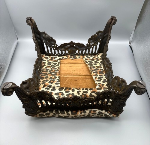 Vintage Cast Iron Footstool With Leopard Print Upholstery Ornate Claw Leg 12.5" - Picture 4 of 10