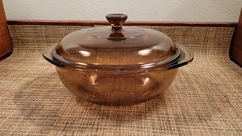 Vintage 1.5L Pyrex 023 Amber Brown Round Glass Casserole Baking Dish & Lid