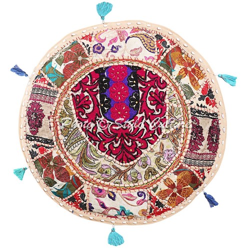 Indian Patchwork Cotton Beige Foot Stool Seating Handcrafted Ottoman Pouf 22 in - Picture 3 of 5
