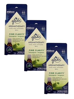 3 PACK Glade Aromatherapy Cool Mist Oil Diffuser Refill, Find Clarity Lemongrass