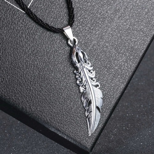 Charm Women Men Silver Plated Steel Feather Pendant Necklace Leather Rope - Picture 3 of 6
