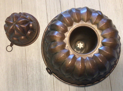 2 Antique 10'' and 4 1/2'' Copper Cake Mold Mould Tin Lined Aspic Pudding, Star