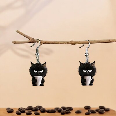 Black Cat Earrings Dangle Angry Kitten Coffee Cup Acrylic Mad Kitty Cat Lady New