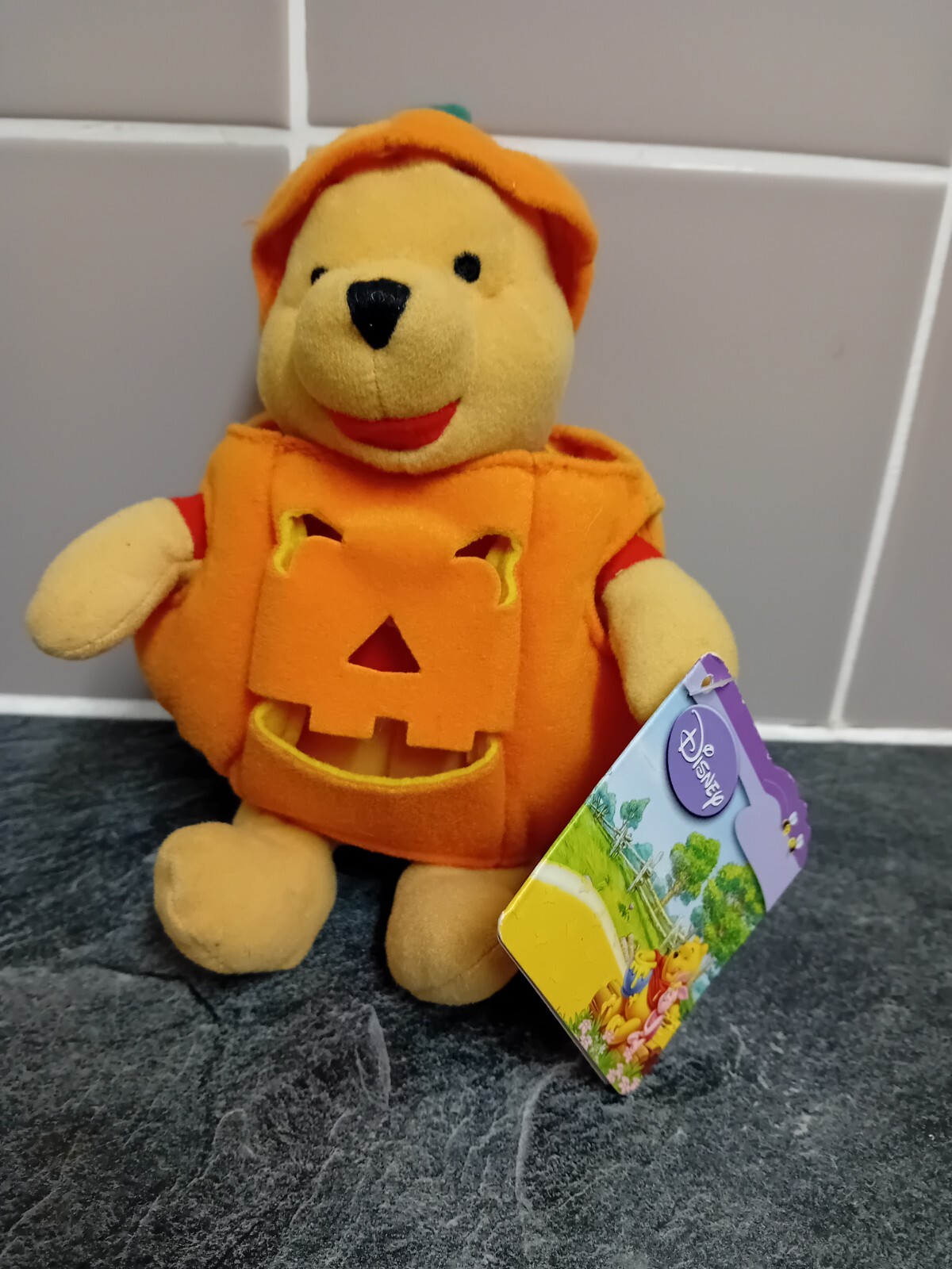 VINTAGE DISNEY - WINNIE THE POOH  PUMPKIN 8"" PLUSH HALLOWEEN BEANIE BEAR - BNWT