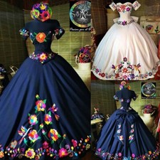 Mexcian Wedding Dresses Vintage Flower Embroideried Satin with Bow Bridal Gowns