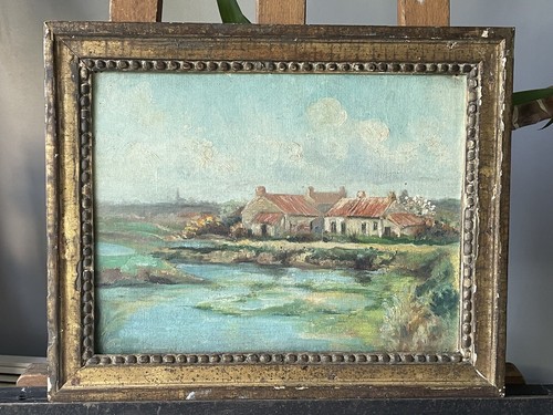 Tableau Ancien Non Signe Huile ST Marouflée Paysage Non Signé 39,5/32 Cm