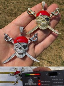 Authentic MOISSANITE Real 925 Silver/14k Gold Plated Pirate Skull & Bones Pendant Necklace