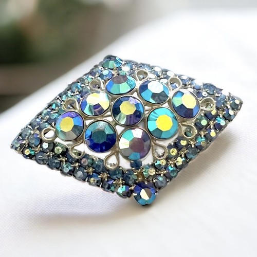 Blue AB Rhinestone Brooch Geometric Mid Century Modernist Statement Silver Tone - 第 7/15 張圖片