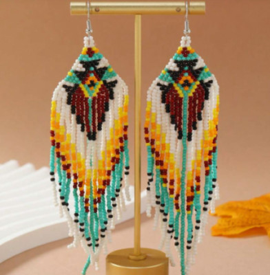 Tribal Earrings Native Large Boho American Seed Beads Handmade Earring