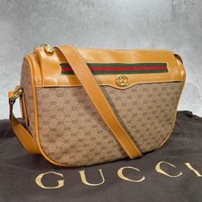 GUCCI 001.115.0918 GG Sherry Line Shoulder Bag Brown Beige Leather Gold Hardware