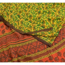 Sanskriti Vintage Saree Green Pure Crepe Silk Floral Printed Sari 5.5 Yd Fabric
