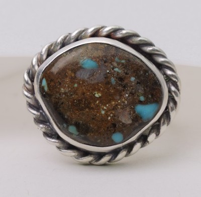 Brown & Speckled Blue Bisbee Boulder Turquoise Navajo Sterling Silver Ring