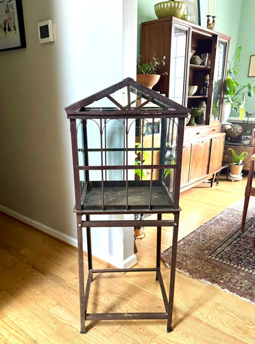 Vtg Old Metal & Glass Terrarium On Stand | Wardian Case on Stand