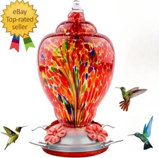 Hummingbird Feeder for Outdoors Patio Large 32 Ounces Colorful Hand Blown Glass