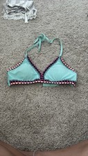 Girls Bikini Top. Light blue accented with navy and pink